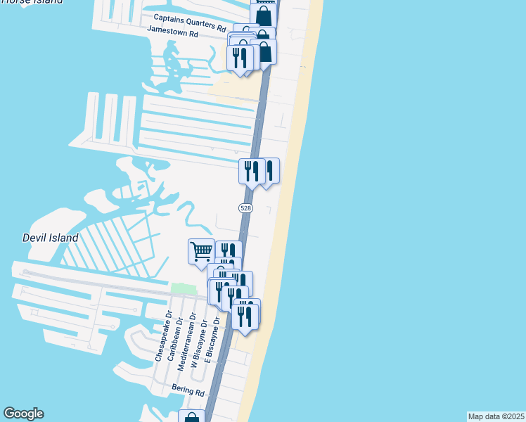 map of restaurants, bars, coffee shops, grocery stores, and more near 10002 Coastal Highway in Ocean City