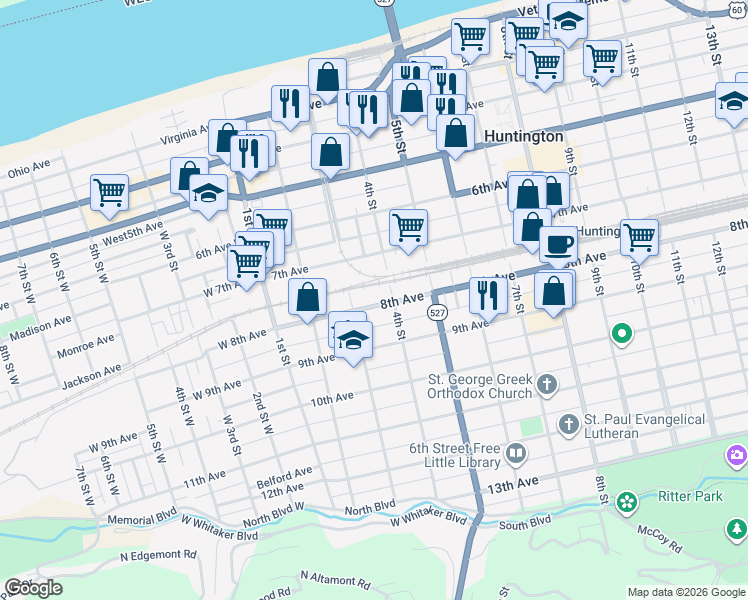 map of restaurants, bars, coffee shops, grocery stores, and more near 320 8th Avenue in Huntington