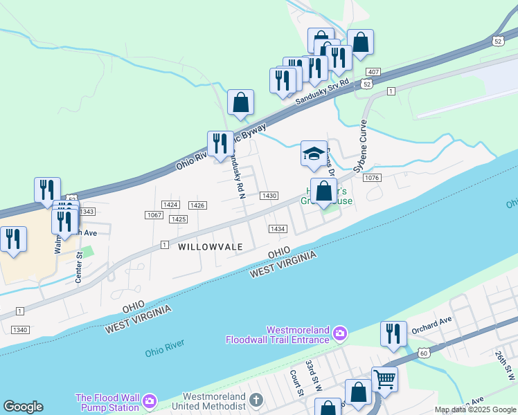 map of restaurants, bars, coffee shops, grocery stores, and more near 18 Township Road 1434 in South Point