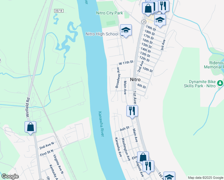 map of restaurants, bars, coffee shops, grocery stores, and more near 96 Lock Avenue in Nitro