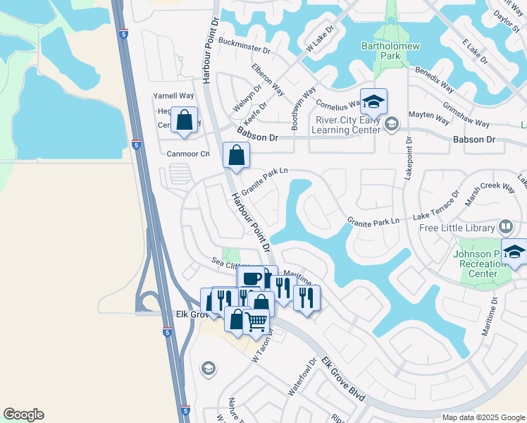 map of restaurants, bars, coffee shops, grocery stores, and more near 9500 Emerald Cove Lane in Elk Grove