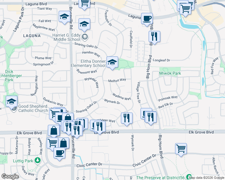map of restaurants, bars, coffee shops, grocery stores, and more near 7824 Instow Court in Elk Grove