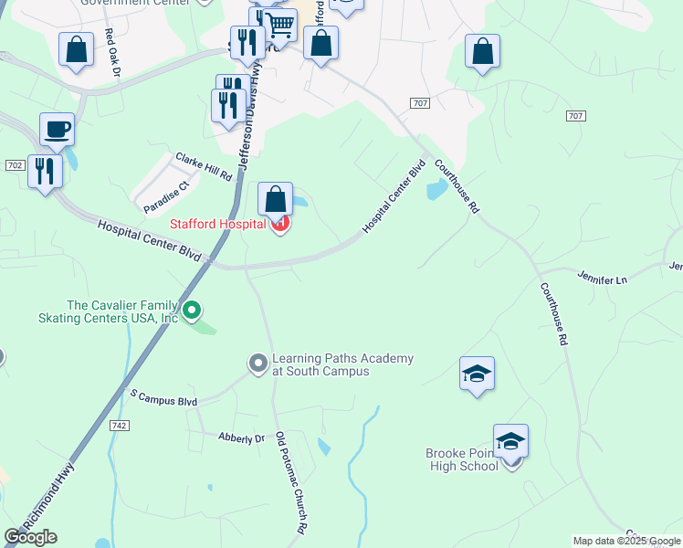 map of restaurants, bars, coffee shops, grocery stores, and more near 41 Old Potomac Church Road in Stafford