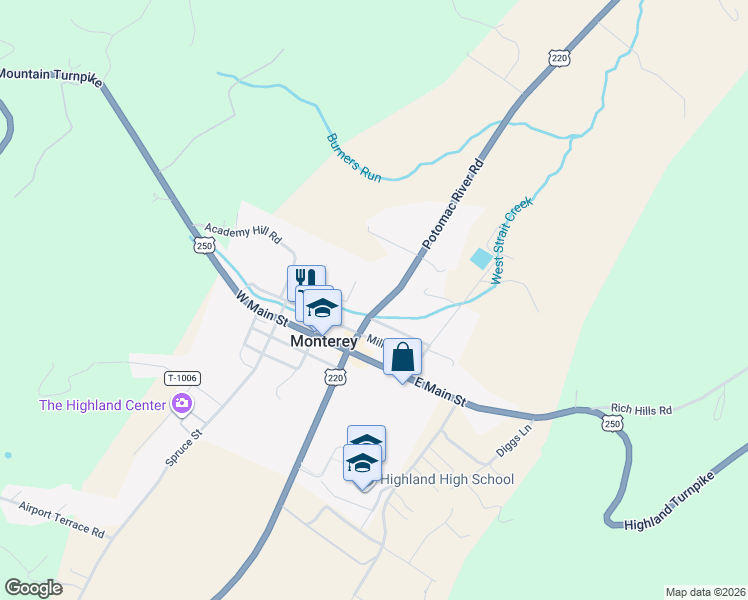 map of restaurants, bars, coffee shops, grocery stores, and more near Potomac River Road in Monterey