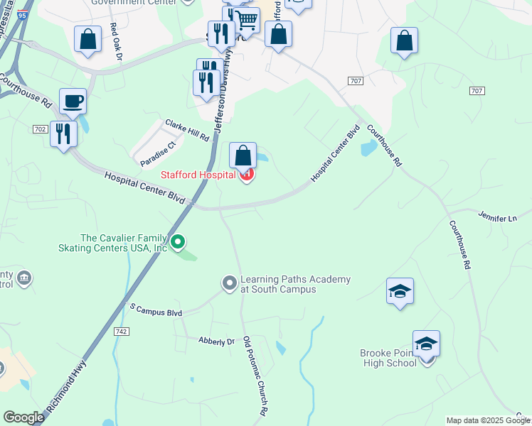 map of restaurants, bars, coffee shops, grocery stores, and more near 31 Johnsons Pride Lane in Stafford