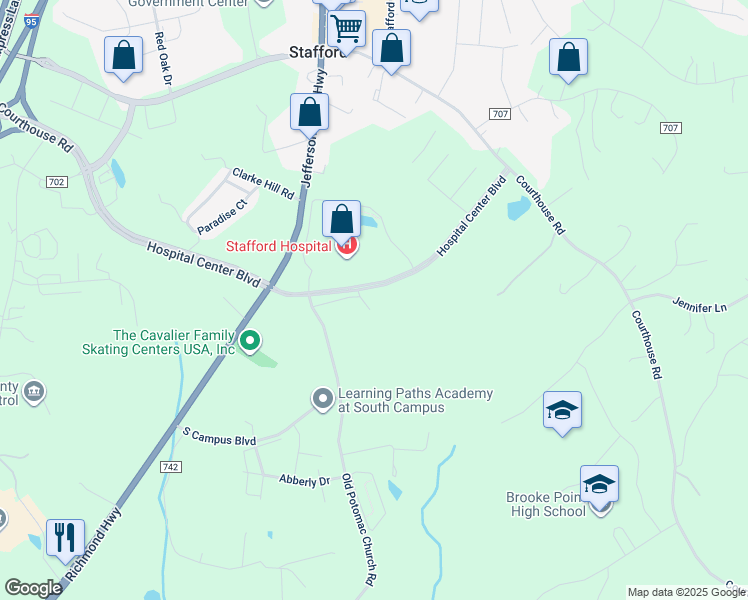 map of restaurants, bars, coffee shops, grocery stores, and more near 31 Johnsons Pride Lane in Stafford