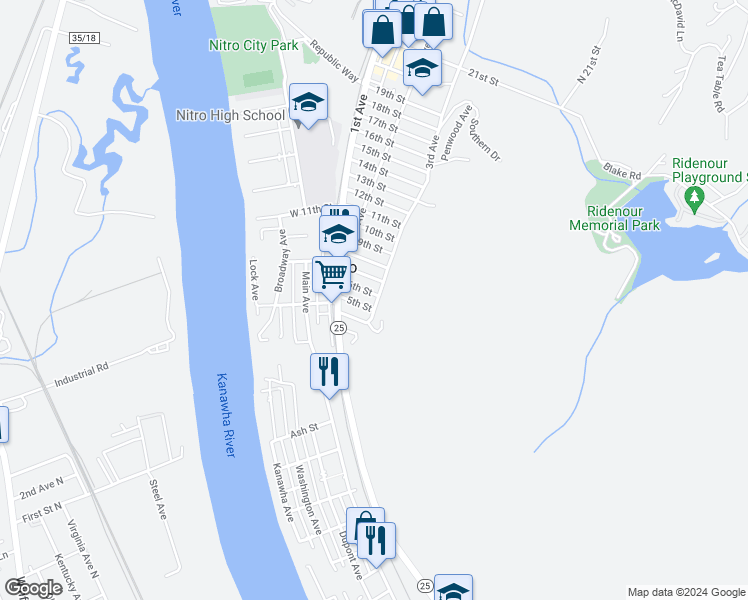 map of restaurants, bars, coffee shops, grocery stores, and more near 622 6th Street in Nitro