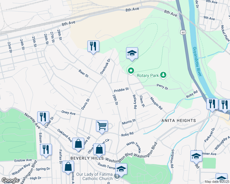 map of restaurants, bars, coffee shops, grocery stores, and more near 1304 28th Street in Huntington