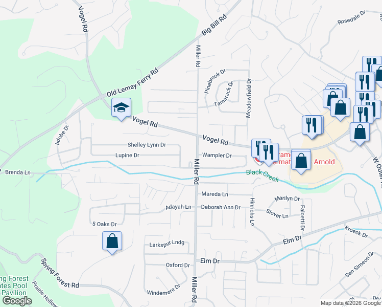 map of restaurants, bars, coffee shops, grocery stores, and more near 2915 Shelley Lynn Drive in Arnold