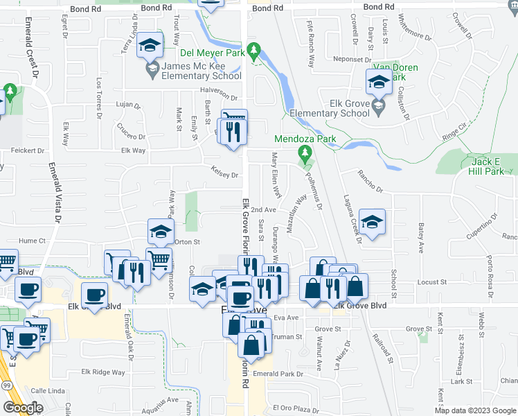 map of restaurants, bars, coffee shops, grocery stores, and more near 8909 2nd Avenue in Elk Grove