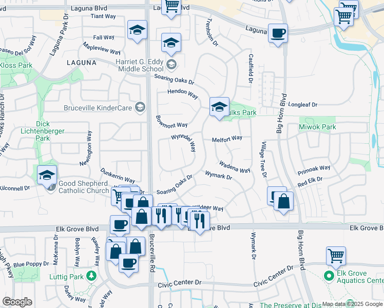 map of restaurants, bars, coffee shops, grocery stores, and more near 9471 Fairlight Court in Elk Grove