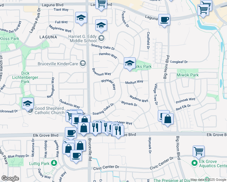 map of restaurants, bars, coffee shops, grocery stores, and more near 7601 Wynndel Way in Elk Grove