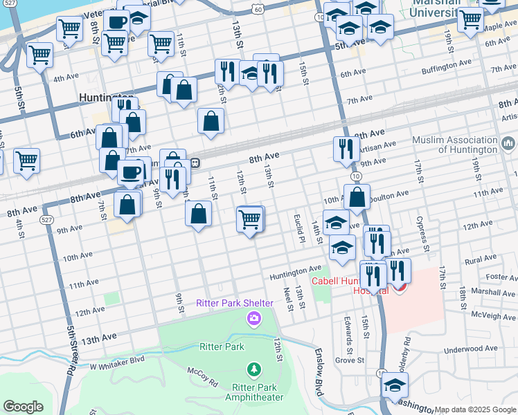map of restaurants, bars, coffee shops, grocery stores, and more near 925 Charles Ct in Huntington