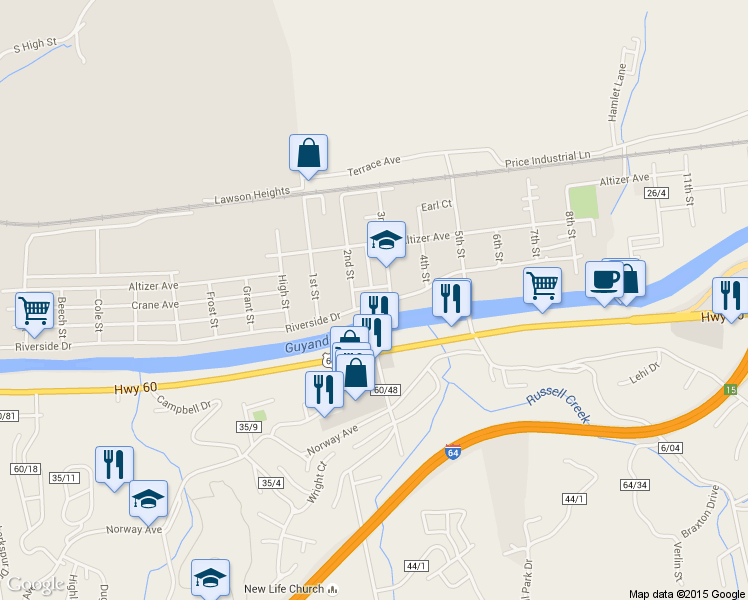 map of restaurants, bars, coffee shops, grocery stores, and more near 4212 Riverside Dr in Huntington