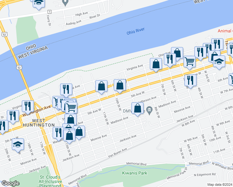 map of restaurants, bars, coffee shops, grocery stores, and more near 990 Adams Avenue in Huntington
