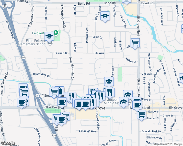 map of restaurants, bars, coffee shops, grocery stores, and more near 8712 Milo Court in Elk Grove