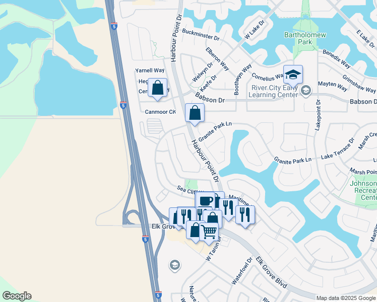map of restaurants, bars, coffee shops, grocery stores, and more near 9444 Harbour Point Drive in Elk Grove