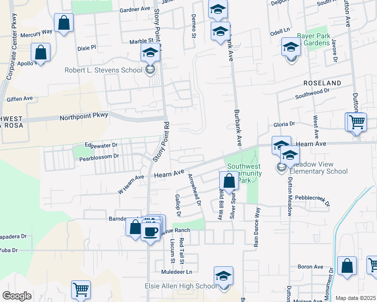 map of restaurants, bars, coffee shops, grocery stores, and more near 2542 Old Stony Point Road in Santa Rosa
