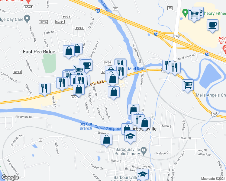 map of restaurants, bars, coffee shops, grocery stores, and more near 6451 Farmdale Road in Barboursville