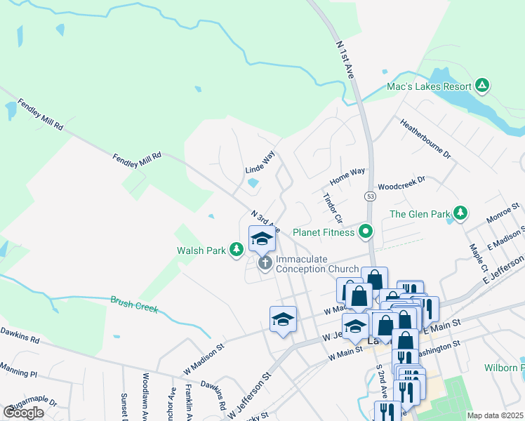 map of restaurants, bars, coffee shops, grocery stores, and more near 523 North 5th Street in La Grange