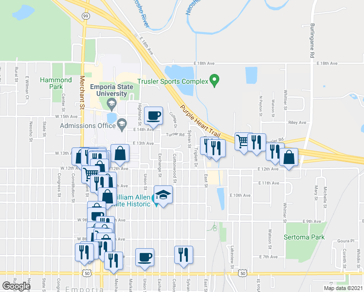 map of restaurants, bars, coffee shops, grocery stores, and more near 1309 Sylvan Street in Emporia