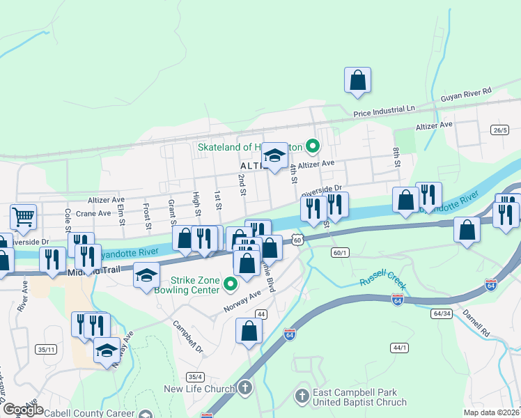 map of restaurants, bars, coffee shops, grocery stores, and more near 4212 Riverside Drive in Huntington