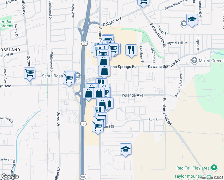 map of restaurants, bars, coffee shops, grocery stores, and more near 325 Yolanda Avenue in Santa Rosa
