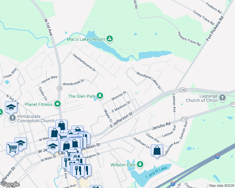 map of restaurants, bars, coffee shops, grocery stores, and more near 602 Monroe Street in La Grange
