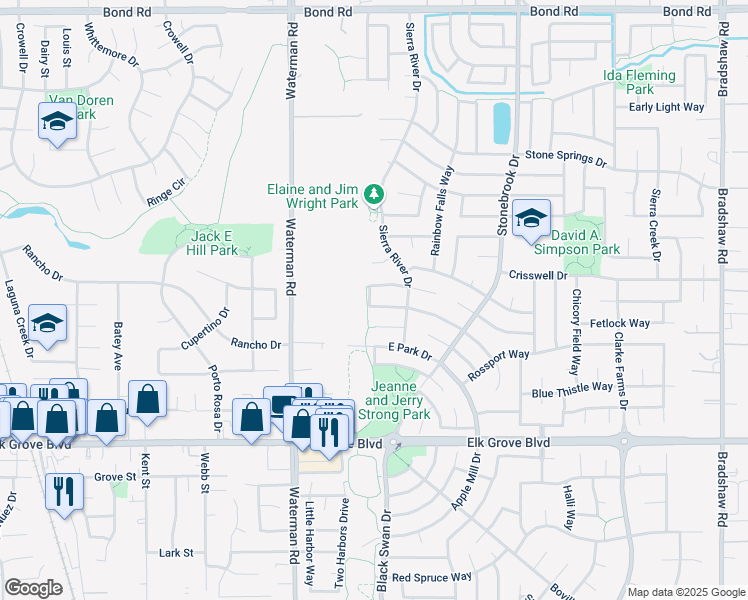 map of restaurants, bars, coffee shops, grocery stores, and more near 9368 Hambley Circle in Elk Grove