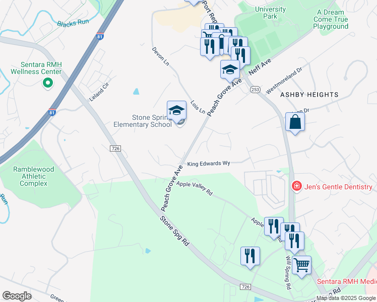 map of restaurants, bars, coffee shops, grocery stores, and more near 1575 Peach Grove Avenue in Harrisonburg