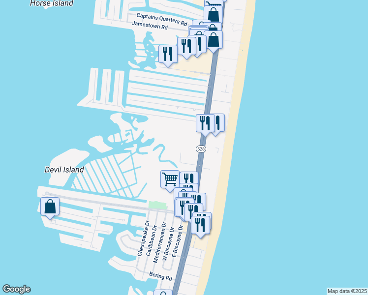 map of restaurants, bars, coffee shops, grocery stores, and more near 110 100th Street in Ocean City
