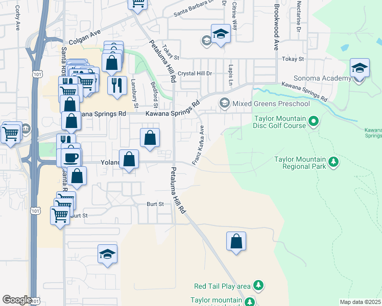 map of restaurants, bars, coffee shops, grocery stores, and more near 2835 Farmers Lane in Santa Rosa