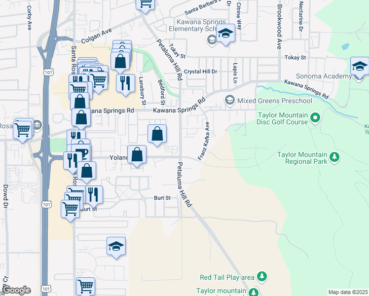 map of restaurants, bars, coffee shops, grocery stores, and more near 2805 Farmers Lane in Santa Rosa