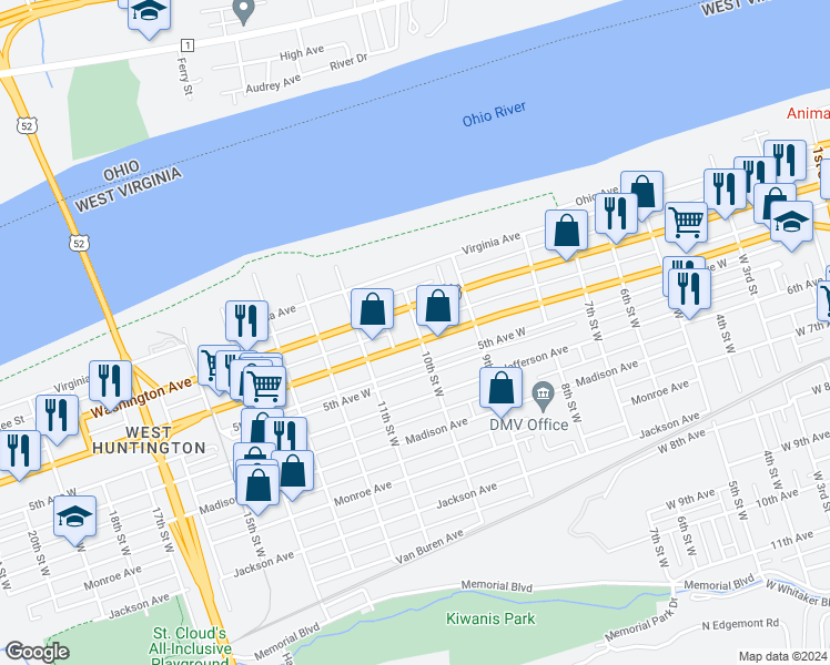 map of restaurants, bars, coffee shops, grocery stores, and more near 434 10th Street West in Huntington