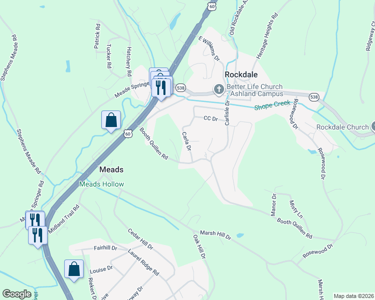 map of restaurants, bars, coffee shops, grocery stores, and more near 8300 Carla Drive in Ashland