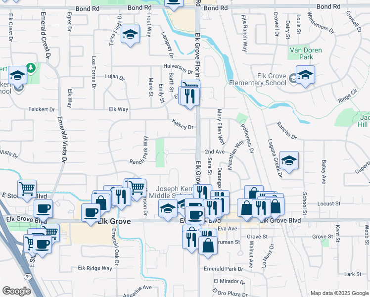 map of restaurants, bars, coffee shops, grocery stores, and more near 9510 Elk Grove Florin Road in Elk Grove