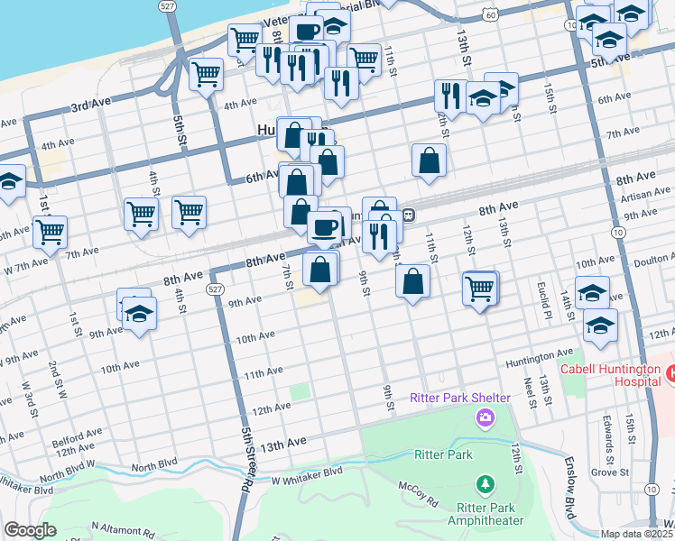 map of restaurants, bars, coffee shops, grocery stores, and more near 824 9th Avenue in Huntington
