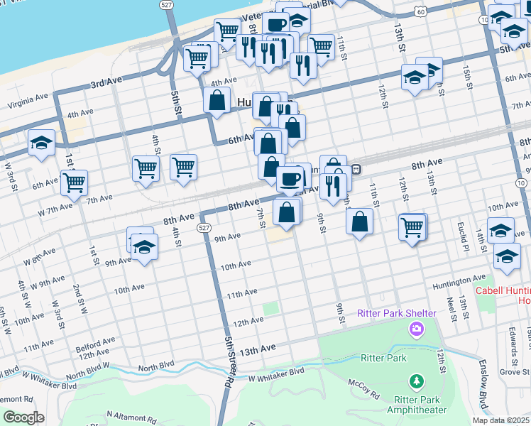map of restaurants, bars, coffee shops, grocery stores, and more near 726 9th Avenue in Huntington