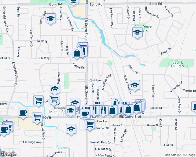 map of restaurants, bars, coffee shops, grocery stores, and more near 9456 Acapulco Way in Elk Grove