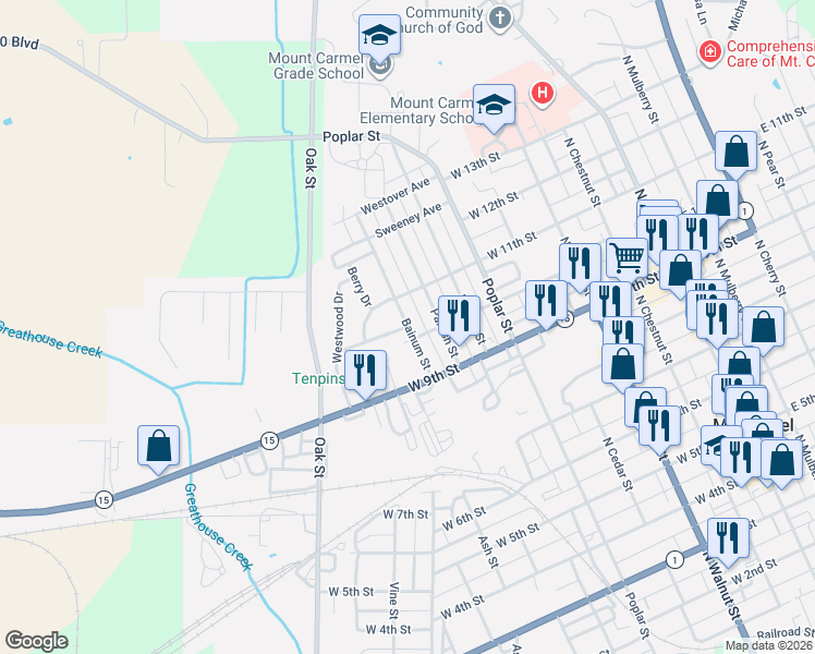 map of restaurants, bars, coffee shops, grocery stores, and more near 801 Broadmoor Drive in Mount Carmel