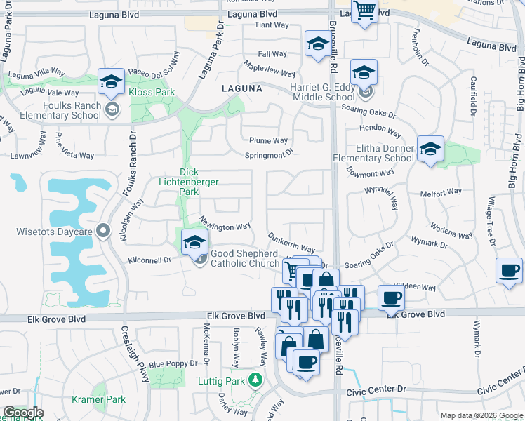 map of restaurants, bars, coffee shops, grocery stores, and more near 9476 Dunkerrin Way in Elk Grove