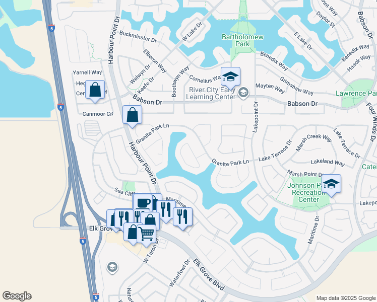 map of restaurants, bars, coffee shops, grocery stores, and more near 2701 Robinson Creek Lane in Elk Grove