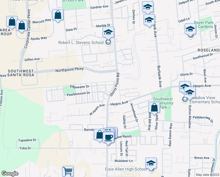 map of restaurants, bars, coffee shops, grocery stores, and more near 2452 Edgewater Drive in Santa Rosa
