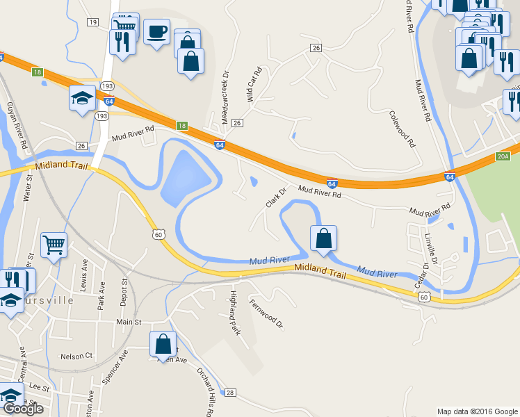 map of restaurants, bars, coffee shops, grocery stores, and more near 6610B Clark Drive in Barboursville