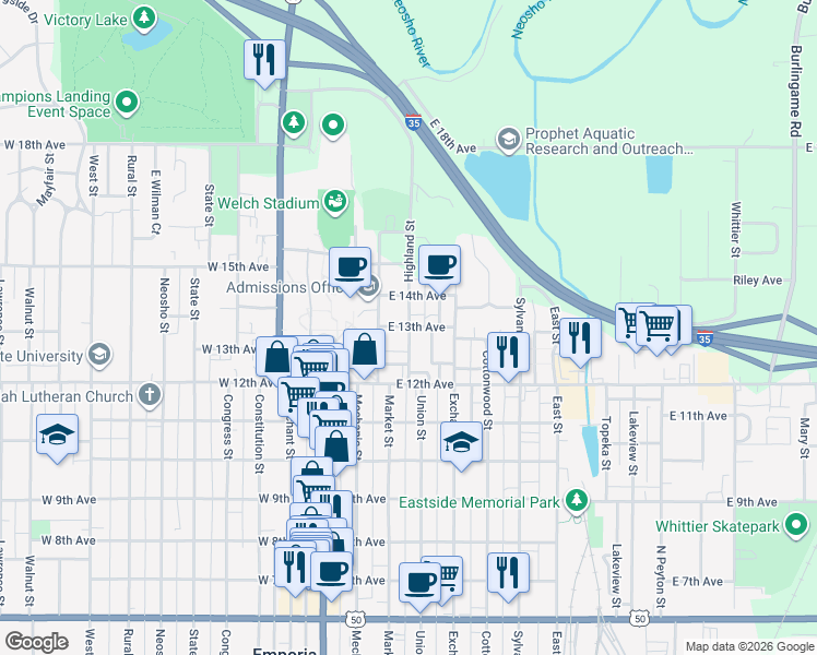 map of restaurants, bars, coffee shops, grocery stores, and more near 1299 Highland Street in Emporia
