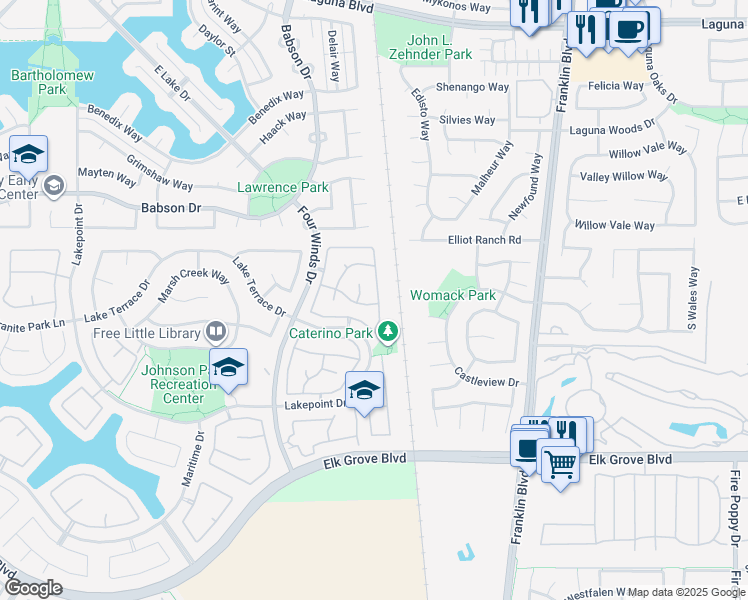 map of restaurants, bars, coffee shops, grocery stores, and more near 9488 Windrift Lane in Elk Grove