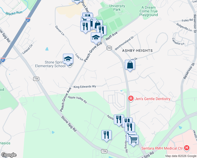 map of restaurants, bars, coffee shops, grocery stores, and more near 1240 King Edward Way in Harrisonburg