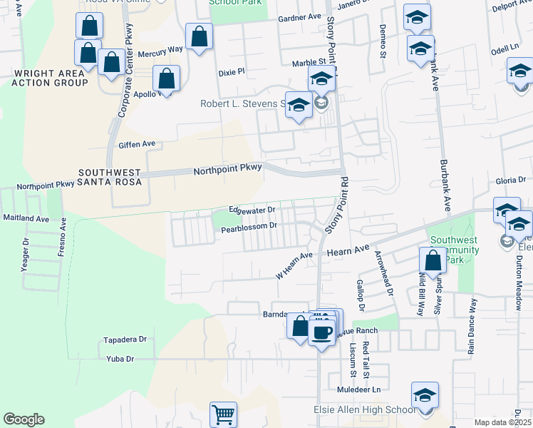 map of restaurants, bars, coffee shops, grocery stores, and more near 2748 Desert Rose Lane in Santa Rosa