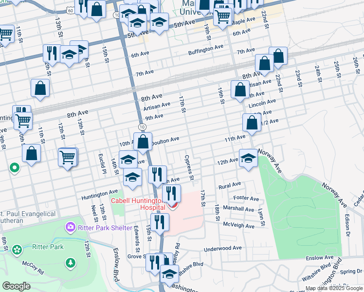 map of restaurants, bars, coffee shops, grocery stores, and more near 1669 11th Avenue in Huntington
