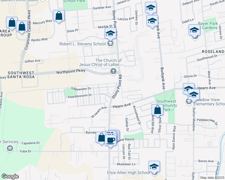 map of restaurants, bars, coffee shops, grocery stores, and more near 2400 Edgewater Drive in Santa Rosa